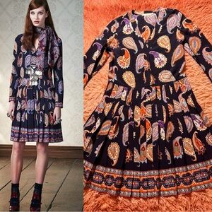 NWOT Tory Burch Silk V-Neck Pleated Paisley Knee Length Dress. Size 10/M